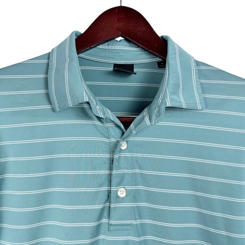 Dunning Golf Mens Striped Polo Shirt Teal Blue Coolmax Tiburon Logo Size Medium